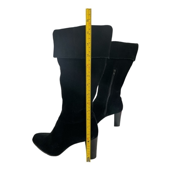 APOSTROPHE Black Suede Knee High Heel Zip Up Fold Over Cuff Style boots 3.5” - Picture 11 of 15